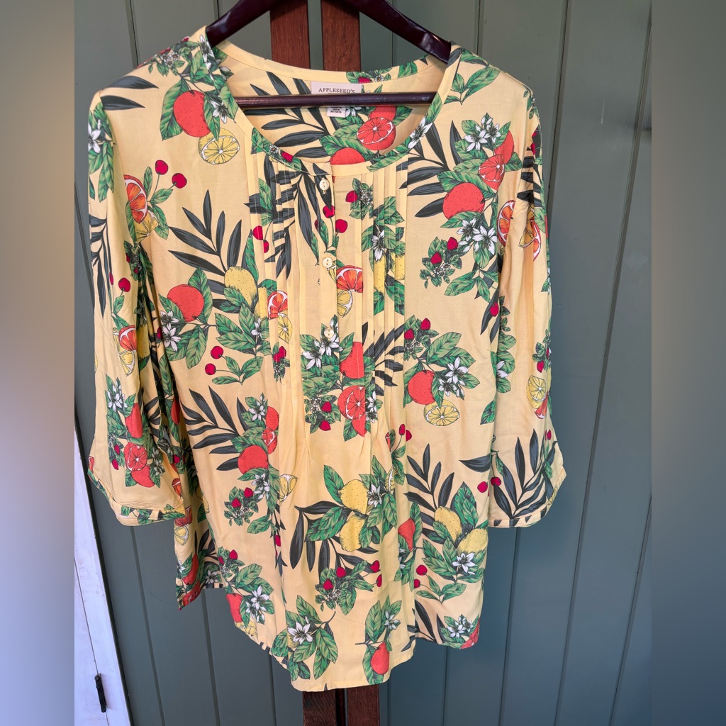 Appleseed’s Women’s Yellow Floral Fruity Print Blouse Size 2x